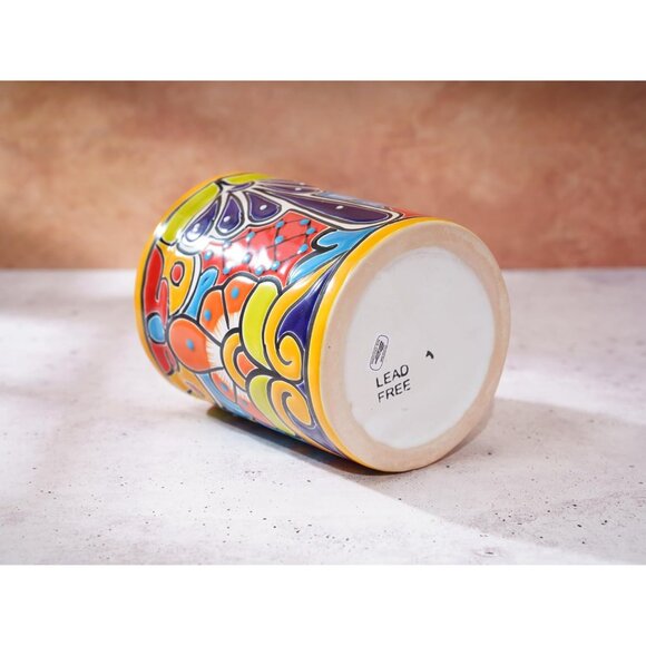 Medium Ceramic Utensil Holder Marigold Yellow Hand Painted Mexican Pottery Crock - Picture 9 of 9